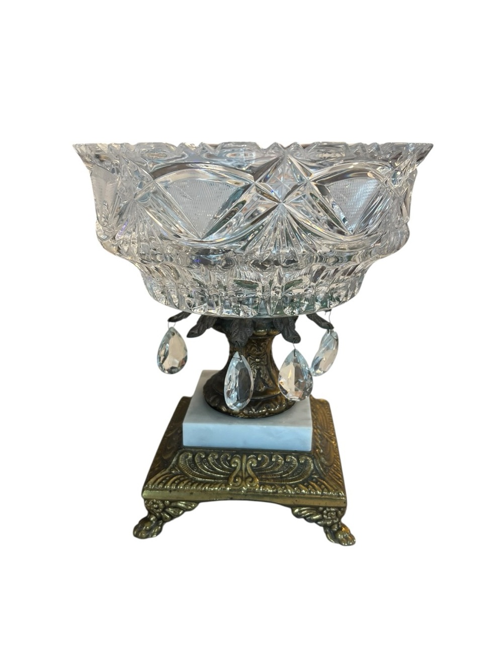 Vintage Cut Crystal Centerpiece Compote Bowl Brass & Marble Pedestal Prism Drops